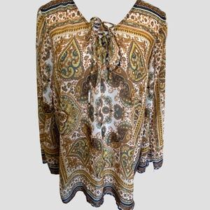 Figueroa & flower Brown Paisley Bell Sleeve Sheer Light Casual Blouse Top- Sz-XL